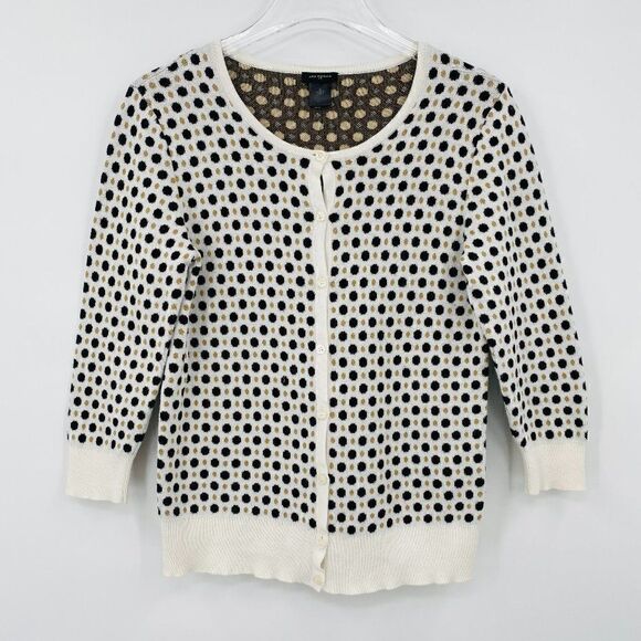 Ann Taylor Small Black Gold Polka Dot 3/4 Sleeve Button Down Cardigan Sweater - Picture 1 of 6